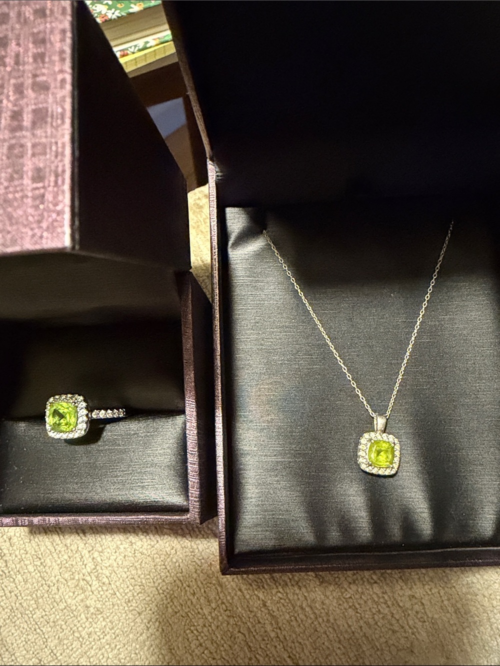 Sterling Silver Peridot and Lab Made Sapphires Halo Necklace and Ring Set